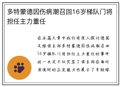 多特蒙德因伤病潮召回16岁梯队门将担任主力重任