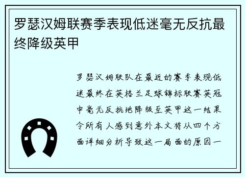 罗瑟汉姆联赛季表现低迷毫无反抗最终降级英甲 罗瑟汉姆联赛季表现低迷毫无反抗最终降级英甲